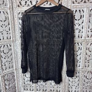 Unisex Black Long Sleeve Fishnet Mesh Tops See-through Goth Clubwear Cover Up L